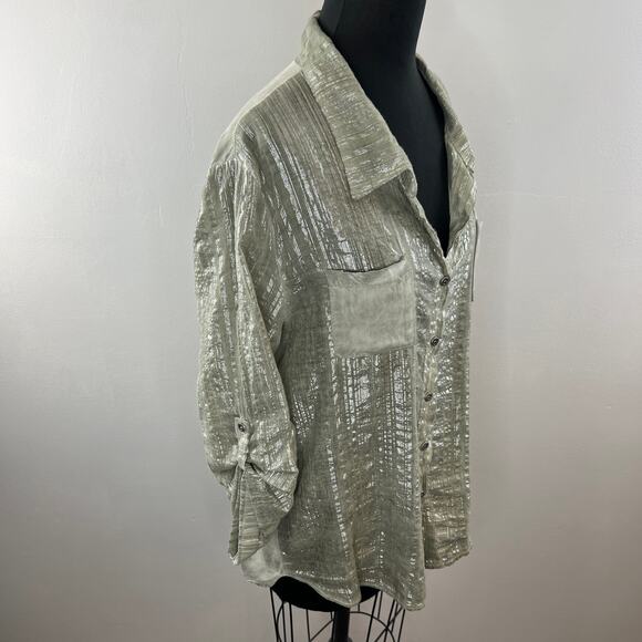 Made in Italy Women's Gray Silver Metallic Roll-Tab Sleeve Button-Up Shirt XL - Picture 3 of 6